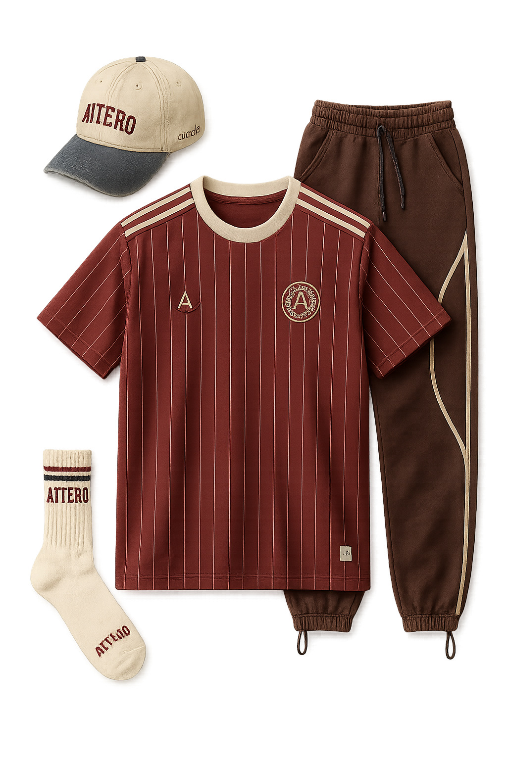 ATTERO Set A — Bordeaux/Notte/Sabbia outfit: tee, cap, sweatpants, socks (washed look)