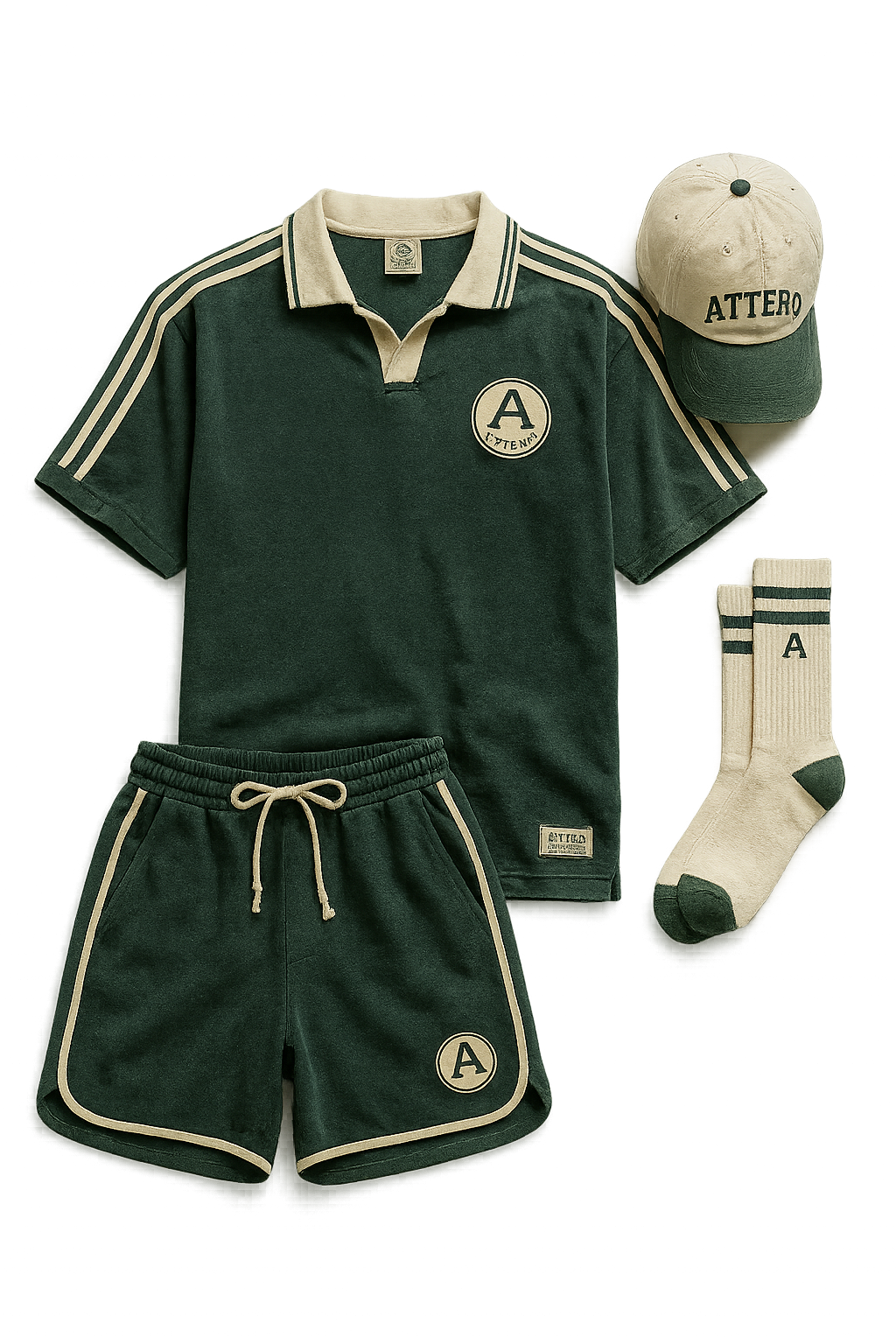 ATTERO Set B — Verde Slovenia outfit: green shirt, matching shorts, cap (washed heritage)