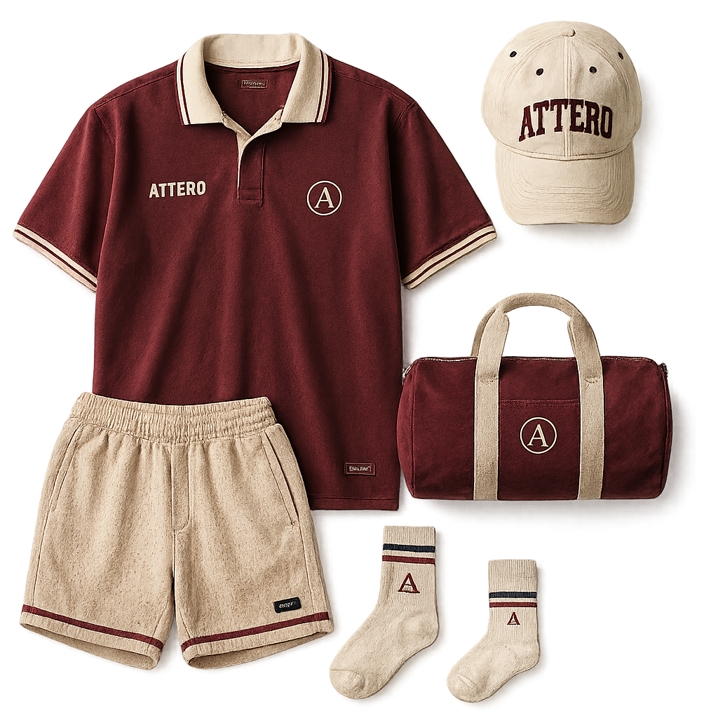 ATTERO Set C — Burgundy outfit with crema shorts, cap, duffel and socks (washed heritage)